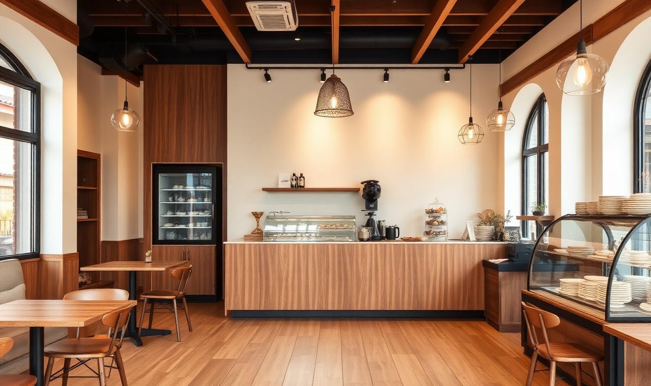 Inside the Regretless café with timber counter and dessert display cabinet