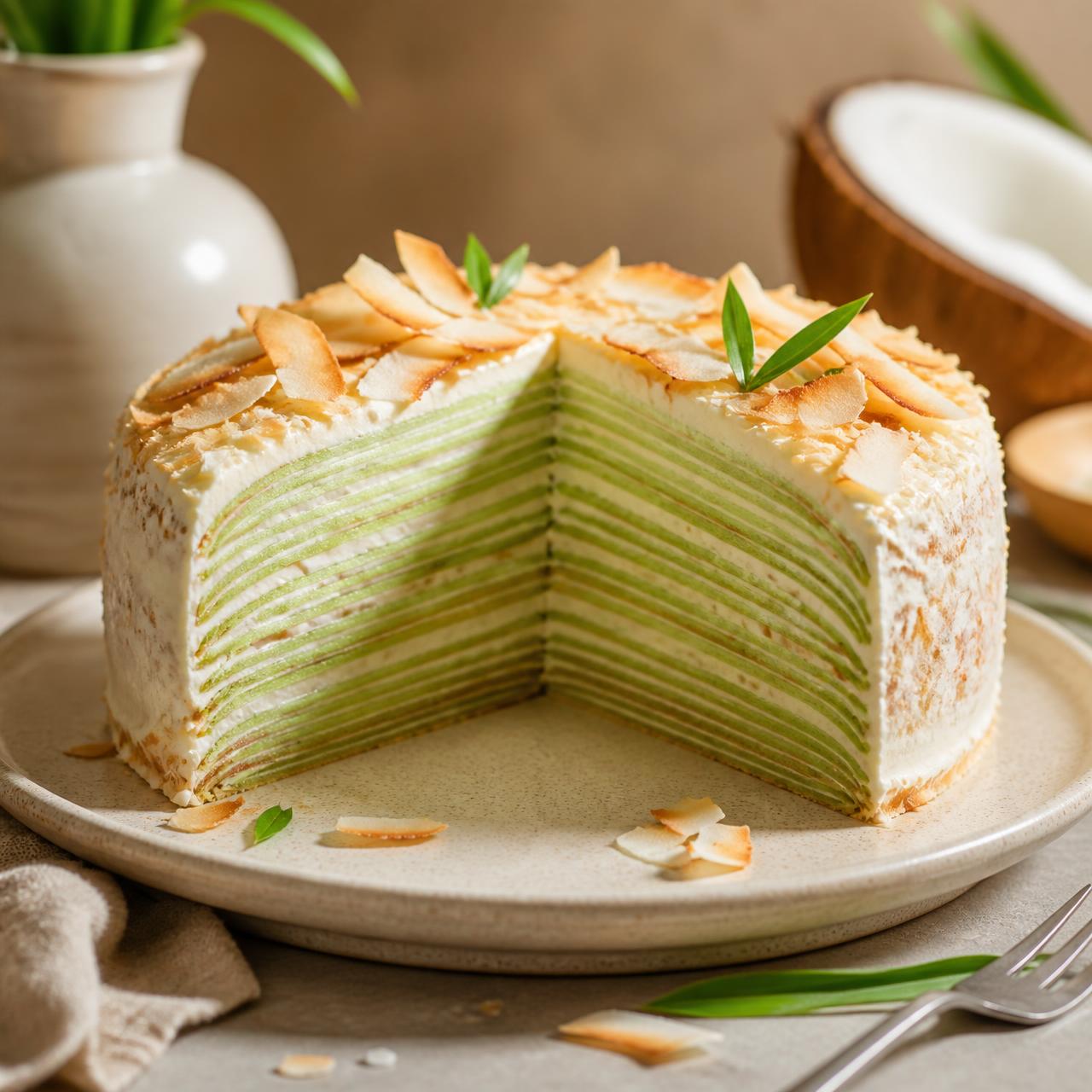 Pandan coconut crepe cake with toasted coconut on a cream plate